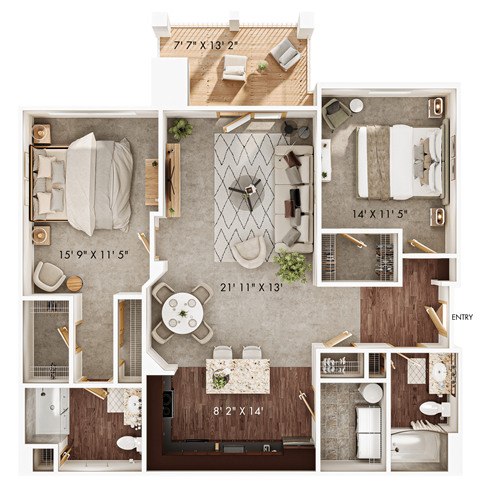 Floor plan for 2 beds, 2 baths, 1165 sqft